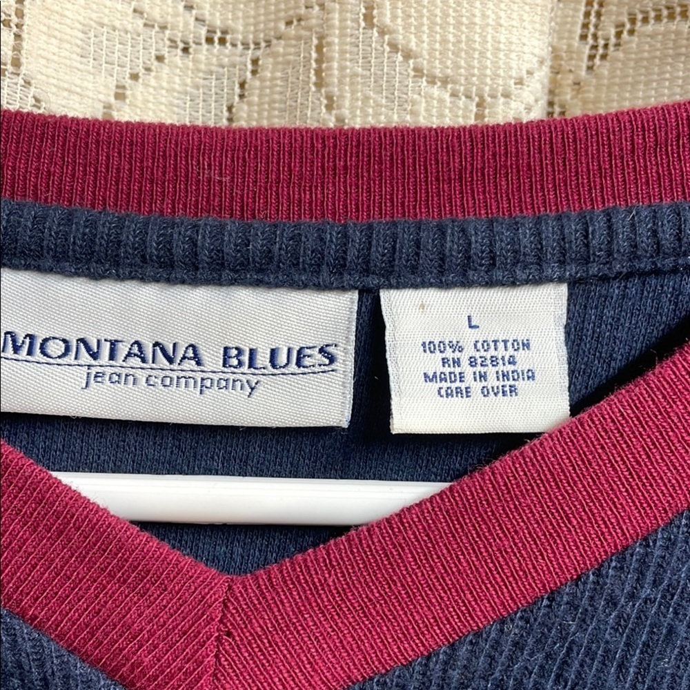 Montana Blues Jean Co. 100% cotton Men's Navy and Burgundy Striped Sweater - Picture 2 of 5